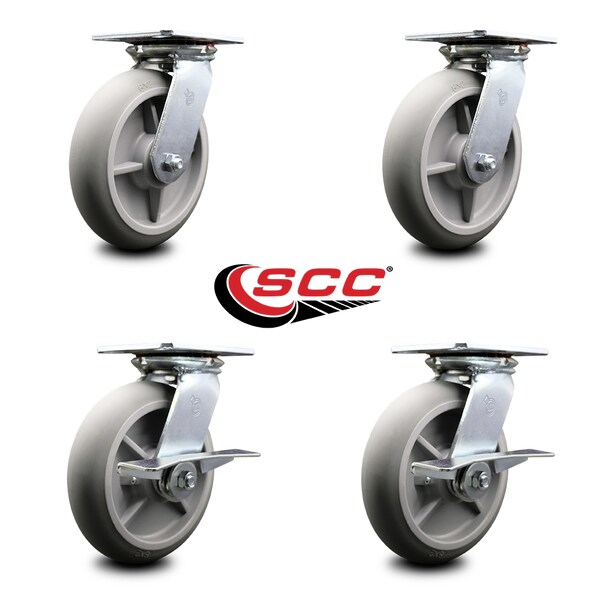 8 Inch Thermoplastic Rubber Swivel Caster Set With Ball Bearings 2 Brakes SCC